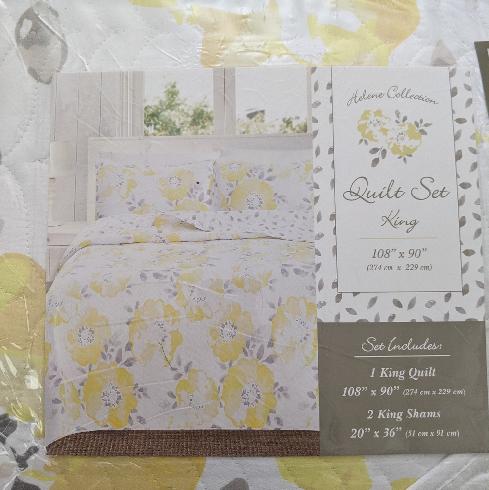 3-Piece King Quilt Set - Yellow Gray Floral NWT
